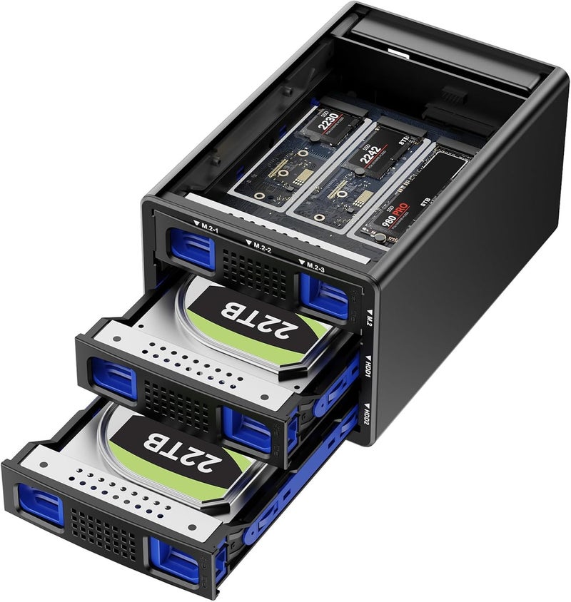 cenmate Hybrid 2*2.5/3.5" SATA HDD/SSD+3* M / B+M Key M.2 NVMe Enclosure with Cooling Fan and USB A/C 3.2 Gen 2, Hard Drive Enclosure Support 68TB(2*22TB HDD+3*8TB 2230/2242/2260/2280/22110 SSDs) - Image 1
